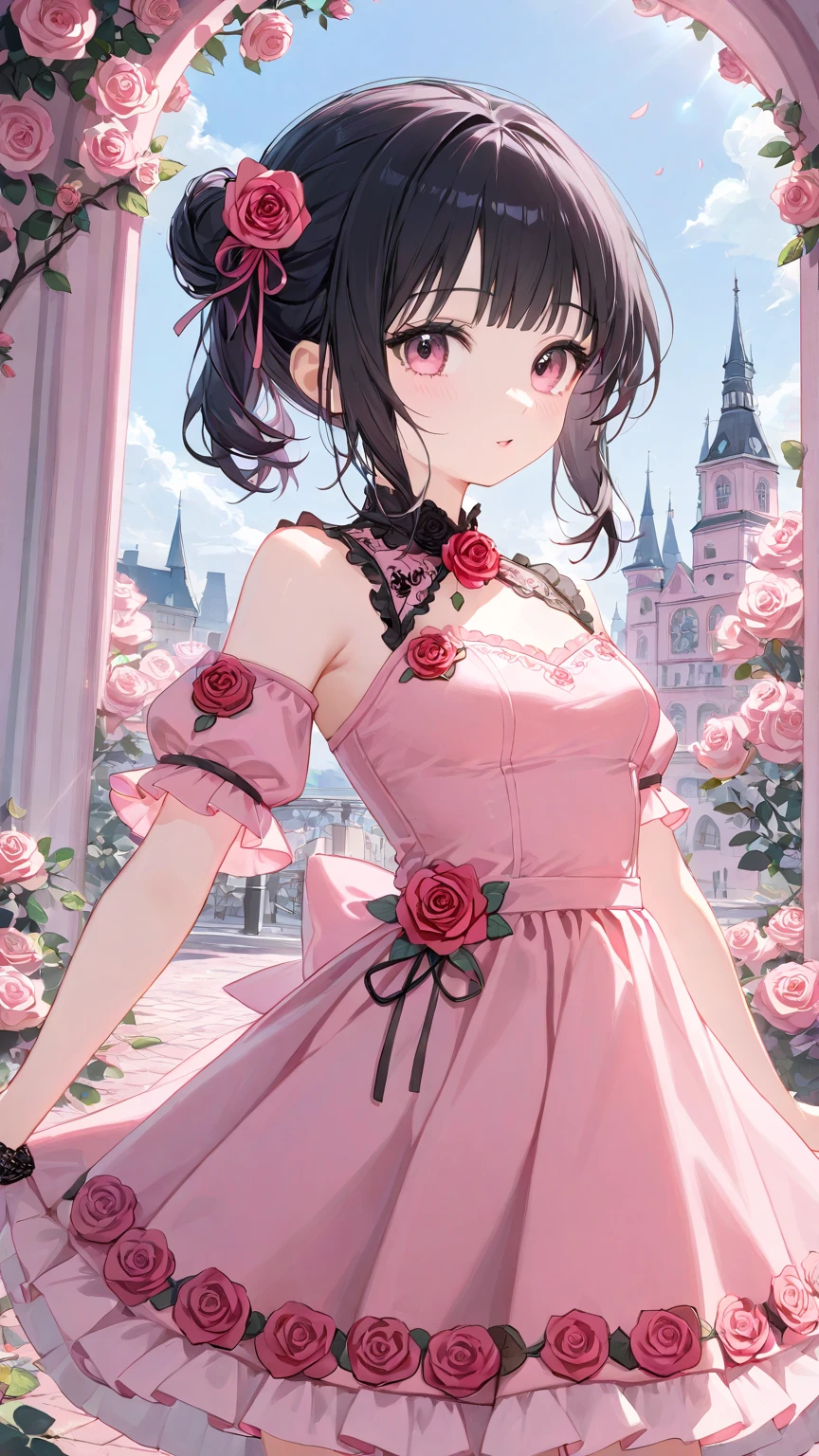 1girl, black hair, pink clothes, beautiful, petite, rose motif, medium breasts, 