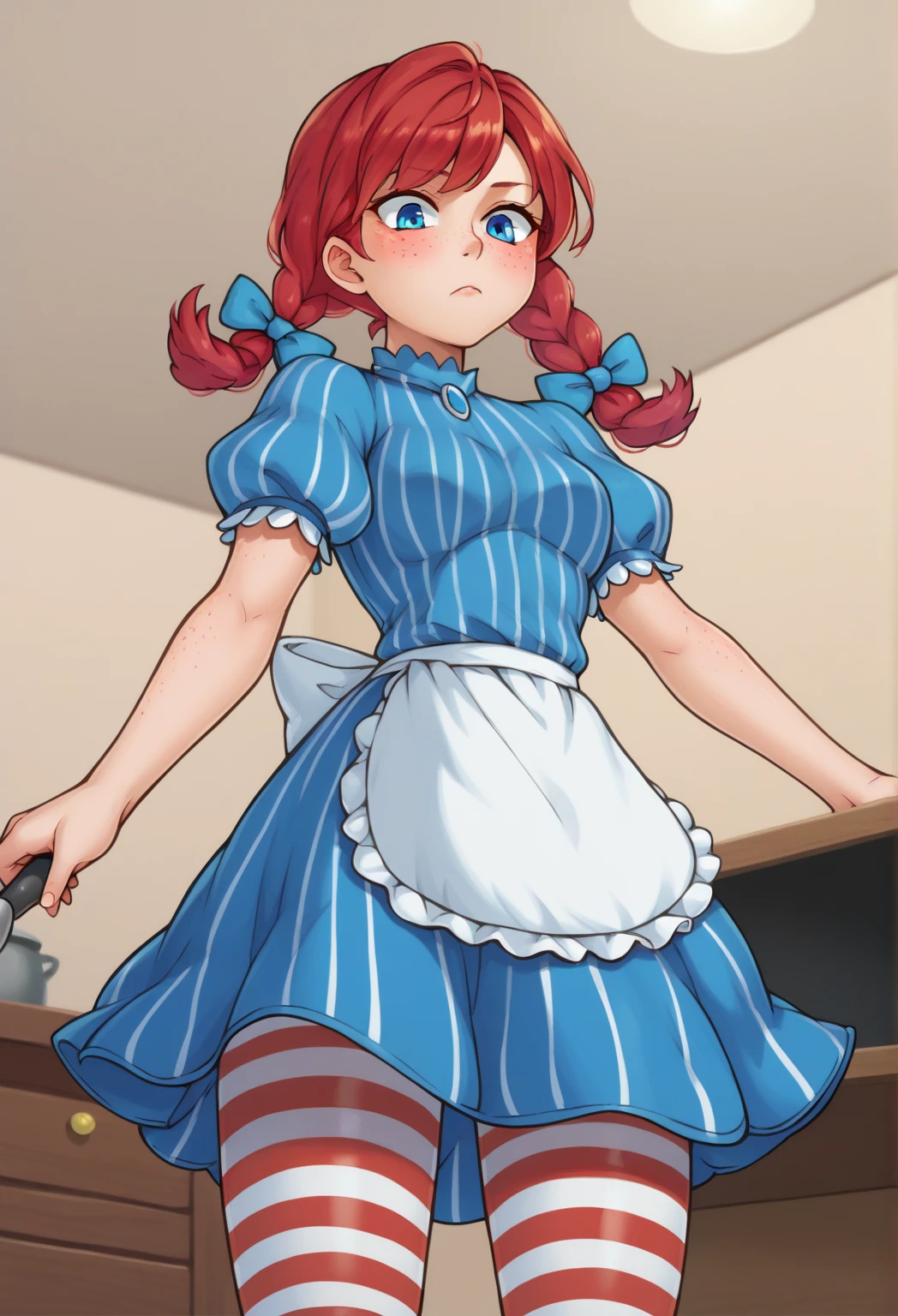 score_9,score_8_up,score_7_up BREAK wendysSDXL,1girl,blue eyes, dress,bow,twintails,braid,short sleeves,hair bow,striped pantyhose,red hair,striped,puffy sleeves,apron,twin braids,vertical stripes,freckles,striped dress,blue dress,cowboy shot,room,room background, from below, short puffy sleeves, 