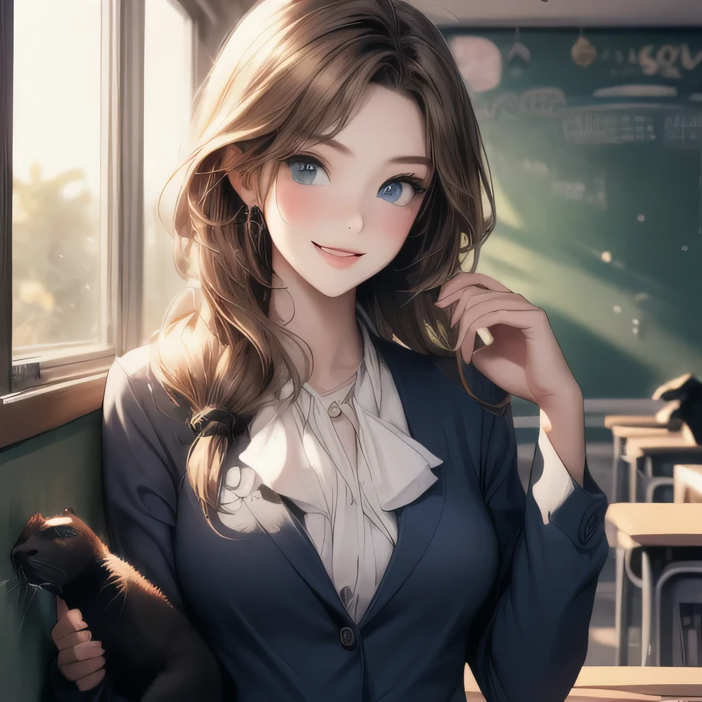 high res 、 high res 、 High image quality 、masterpiece、 one beautiful woman inside the aquarium building 、25age、 school teacher 、 blondes、 blue eyes、Navy Suit、 school classroom、 Cute Poses 、 blackboard 、smile、(( depicting only the upper body ))、(( woman with a panther face ))