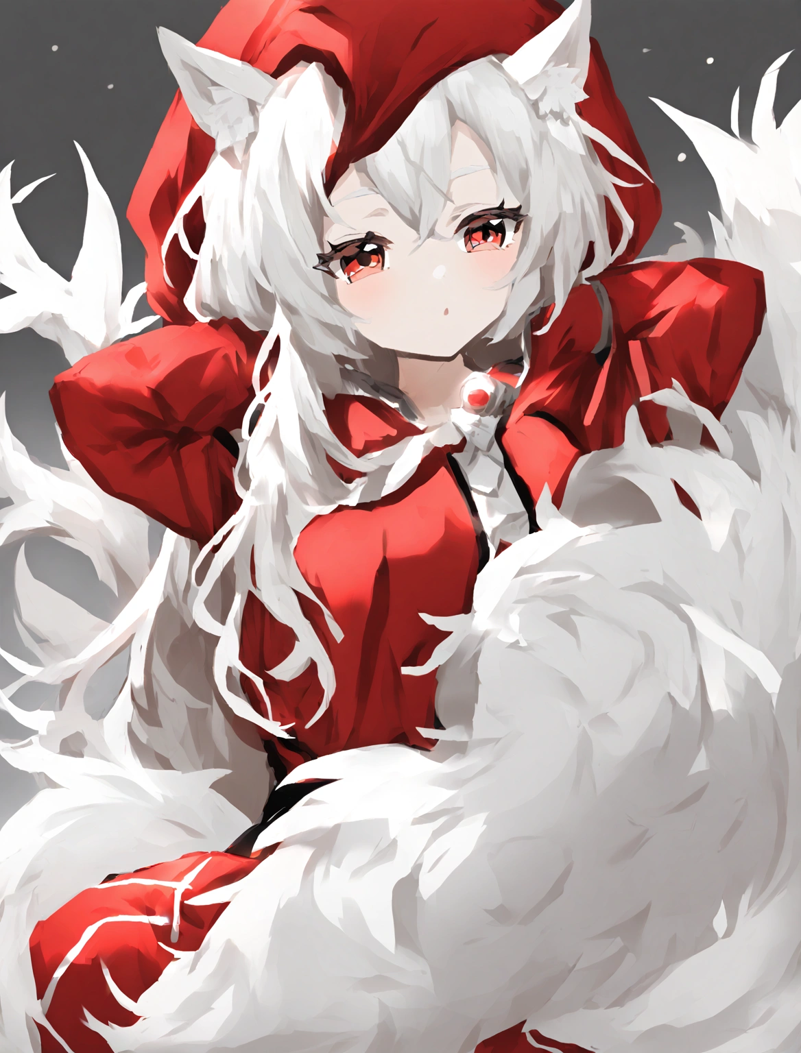 Long white hair, red hat, red eyes, big chest, wearing a red hood, has white wolf ears and a white wolf tail. 