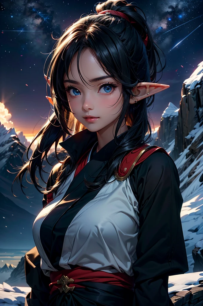 1girl, alone, long hair, breasts, looking at viewer, smile, brown hair, cleavage, bare shoulders, brown eyes, jewelry, medium breasts, upper body, red hair, earrings, sky, pointed ears, dark skin,dark blue dress, necklace, off shoulder, dark-skinned woman, night, elf, star \(sky\), starry sky, freckles, onsen, freckles on the body, various mountain, winter,More details, better quality, it's detail in the eyes