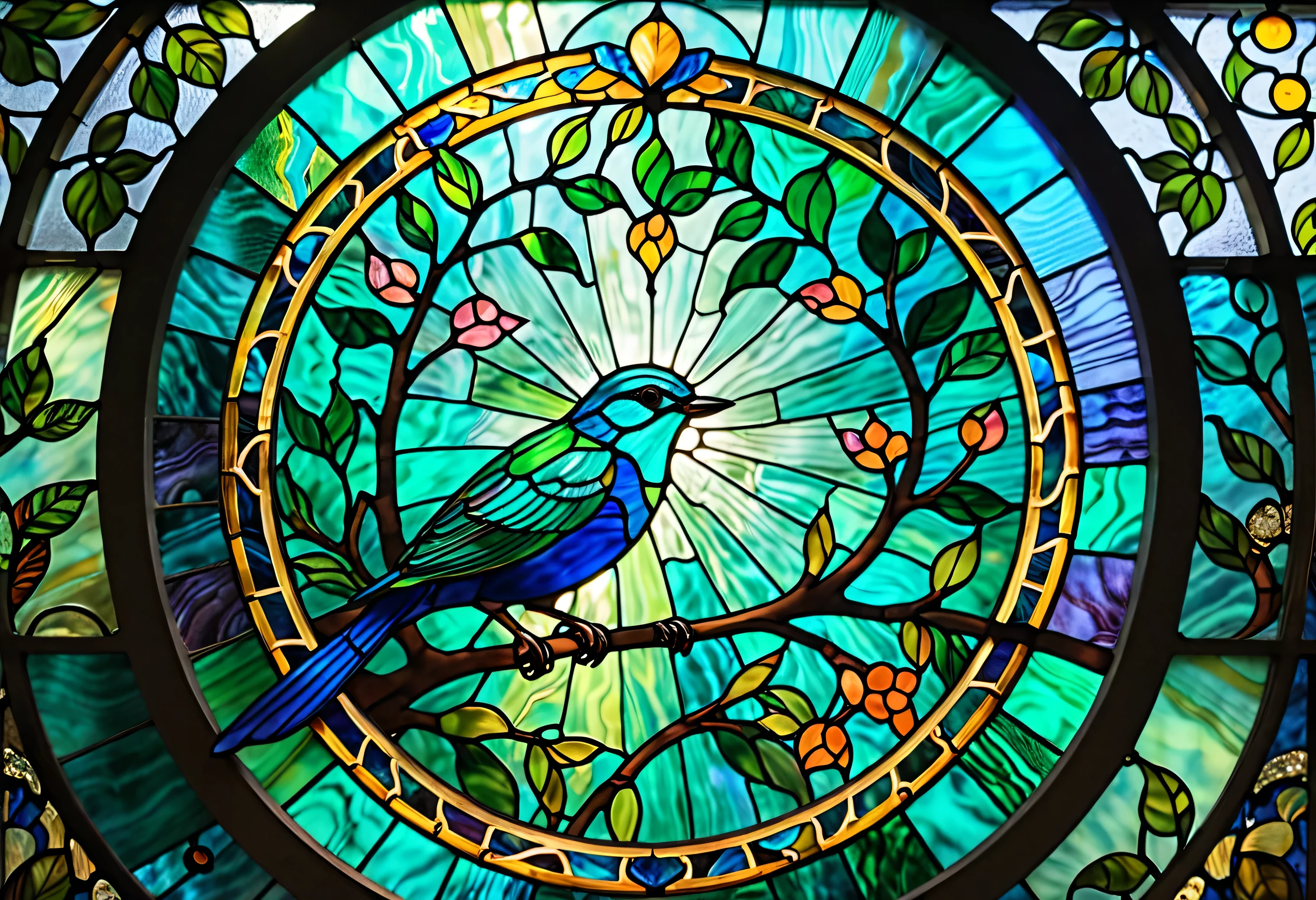 a close up of a stained glass window with a bird on it, stained glass style, stained glass art, stained glass !!, stained glass , bird themed, stained glass , psychedelic bird, inspired by Pascal Blanchet, bird, green stained glass , stained glass tarot style, bird perspective, stained glass window, 非常に詳細なbird, birdgy, glowing stained glass backdrop