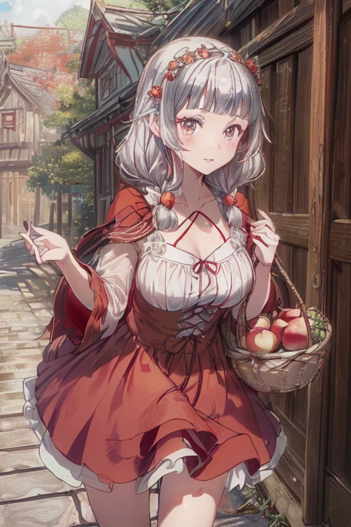 (ukiyoe painting:1.3),(3D Animation:1.3),(Fantasy style costumes),(Grimm fairy tale world),(Little Red Riding Hood,Little Red Riding Hood,red riding hood:1.3),(farmhouse entrance:1.3),(red little red riding hood:1.3),(((Red Tunic:1.3))),(((apples and bread in the basket),Cute and beautiful girl,Cute round face,Cute smile,with blush cheeks,Red Lip,(silver white hair,Floral braided headband,half up、Floral Braided Space Van,Voluminous Fishtail Braids,Twisted chignon,),(Bangs are see-through bangs),hair pin,hair adornments,detailed clothes features,Detailed hair features,detailed facial features,(Dynamic angles),(Dynamic and sexy poses),clothes that emphasize big breasts,Cinematic Light,(masutepiece,top-quality,Ultra-high resolution output image,depth of fields,intricate detailes,Make the subject look three-dimensional with the contrast of light and shadow,) ,(The 8k quality,Anatomically accurate facial structure,),(Sea Art 2 Mode:1.3),(Image Mode Ultra HD,) 