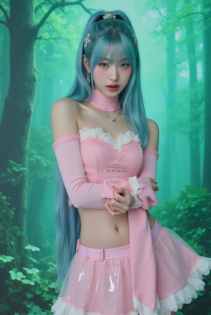 A hyper-realistic portrait of a female character inspired by Rem from Re:Zero, with a fair, almost porcelain skin tone and long, natural, light blue hair, styled in a sleek, high ponytail with her signature fringe perfectly framing her face, each strand rendered with precision, adorned with a small, silver horn-shaped clip that seems to shimmer under the focused studio light. Her eyes are large, innocent, yet alluring, and a deep, sapphire blue, her gaze both gentle and captivating. She wears a form-fitting, pink latex maid outfit, a highly provocative and meticulously crafted take on Rem's iconic uniform, featuring a low-cut neckline revealing ample cleavage, a cropped top exposing her midriff and navel, and a short, frilly skirt emphasizing her delicate thighs, all brought to life by the optimal lighting. The outfit includes subtle, white lace trimmings and a headband that enhances her innocent yet alluring charm. The inscription “EMERALD SERENITY” is subtly placed across her hip in a delicate, almost whispered script, each letter clearly defined. She is posed with a gentle grace, her hands clasped delicately in front of her, her expression exuding a quiet and seductive allure. The background is an abstract composition of swirling, emerald green hues, reminiscent of a tranquil forest, with soft, diffused light filtering through stylized leaves, creating a peaceful yet enticing atmosphere, a stark contrast to the pink of her outfit, while also mirroring her serene, yet powerful presence. The texture of the outfit is a highly reflective, glossy latex that mirrors the emerald hues, further emphasizing the interplay of light and shadow, and showcasing every detail of her costume and skin. Her skin is smooth and flawless, with her navel beautifully highlighted, her expression captivating with its innocent allure.