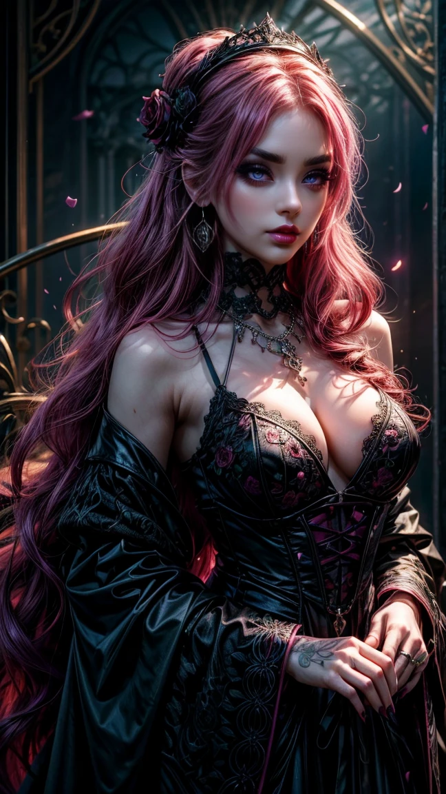 (ultra realistic,32k, masterpiece:1.2),(high detailed skin:1.1),( 8k uhd, dslr, high quality:1.1),
 1girl,pink hair, long hair,(aqua eyes:0.9), <lora:edgBlackVelvetv1:0.6>edgBlackVelvet, costume, lingerie, velvet, wearing edgBlackVelvet fashion,corset, (feathered collar,feathered kimono:1.1), (shiny leggings:1.1), , <lora:add_detail:0.87>, (huge breast:0.9),
(looking at viewer, standing, from above:1.1),,
,(radiant:1.1),goth  blank background,