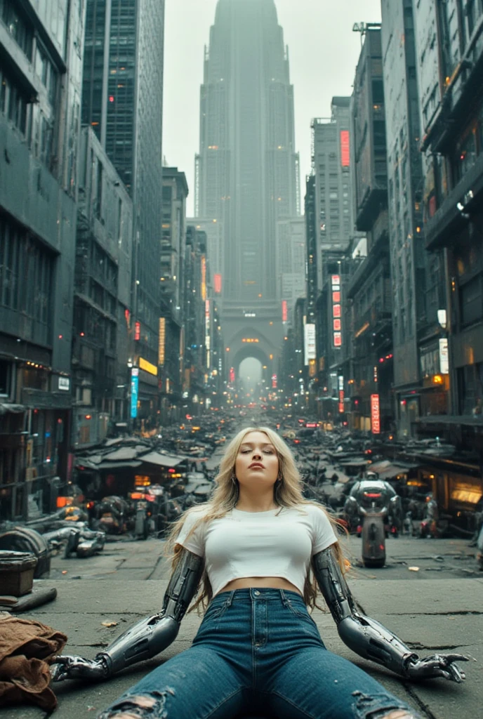 A futuristic cyberpunk urban landscape with densely packed skyscrapers and intricate architectural designs. In the foreground, viewed from above, a beautiful woman wearing a white t-shirt and short blue jeans with sleek mechanical arms is depicted sleeping outdoors. Her arms are outstretched, embracing a sense of freedom, with her knees bent. Her expression conveys a mix of serenity and power. The perspective highlights a vertical cityscape with neon signs and an infinite depth of interconnected structures, evoking a high-tech dystopian atmosphere.