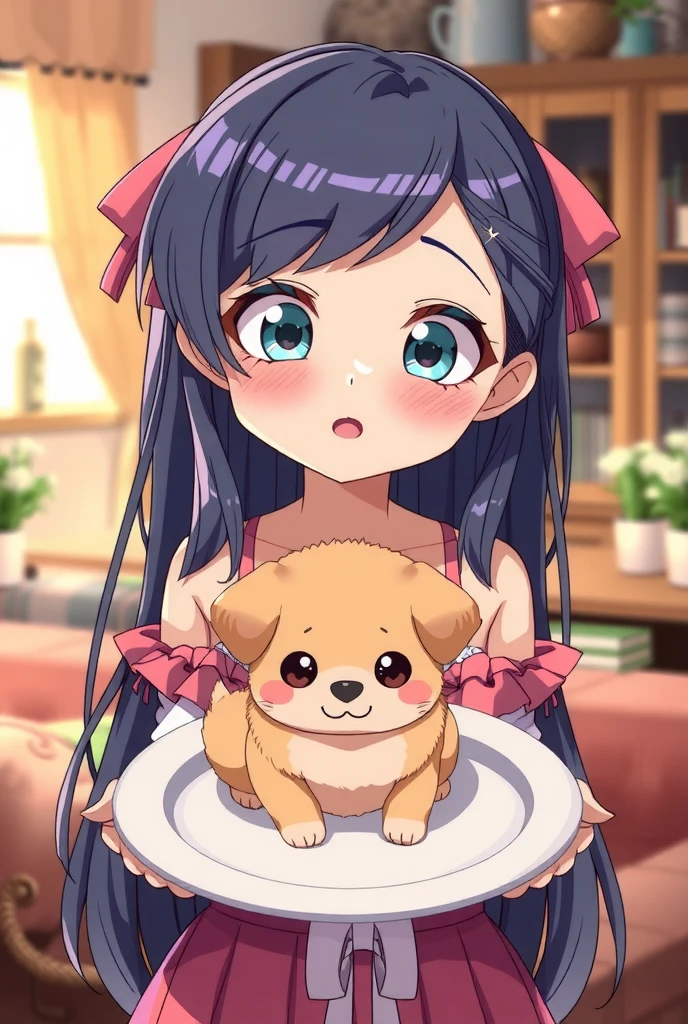 Anime girl holding a plate with a dog in it