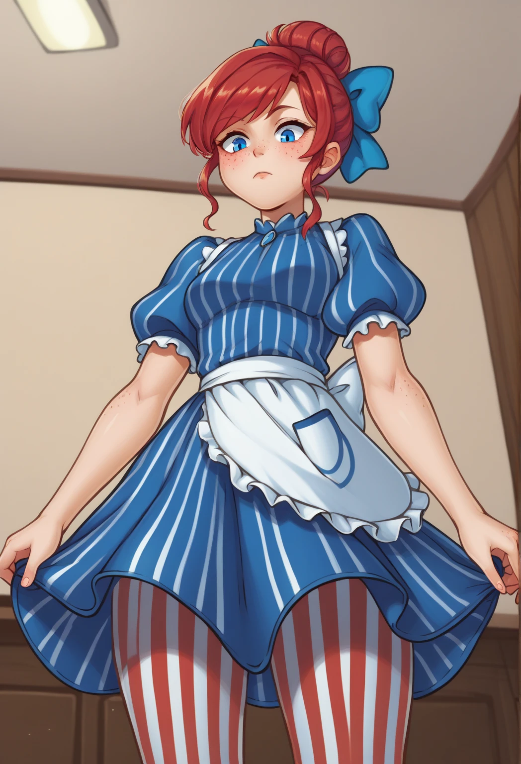 score_9,score_8_up,score_7_up BREAK wendysSDXL,1girl,blue eyes, dress,short sleeves,hair bow,striped pantyhose,red hair,striped,puffy sleeves,apron,vertical stripes,freckles,striped dress,blue dress,cowboy shot,room,room background, from below, short puffy sleeves, hair bun