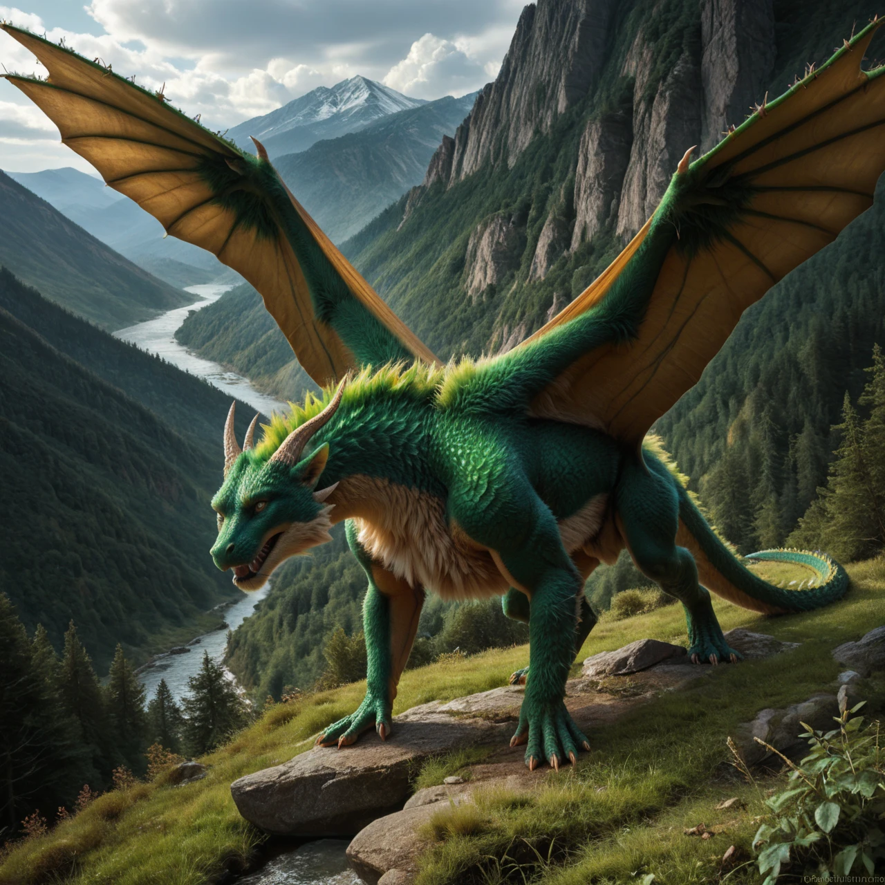 score_9, score_8_up, score_7_up, score_6_up, green (dragon) with spine thorns, stands, quadrupeds, (Fuzzy:1.4), Fur on all areas of the body, (very detailed fur:1.2), large membrane wings, looks at the viewer, (detailed background), nature, in the high mountains, (solo), high quality, highly detailed, photorealism, photorealistic, dslr, photo, full body, dutch angle