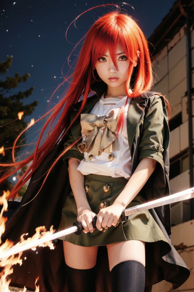 1 girl, cowboy shot, rubble ruins, anger, (battle preparation:1.2),  (night:1.2), explosive inflammation,shana, red eyes, redhead, very long hair, hair between eyes, (Ahoge:1.1), explosive flame,abandoned building,rubble serafuku, white shirt, short sleeve, green skirt, Thighhighs, Black Rider Suit,In his left hand he holds a Japanese sword wrapped in flames..,highest quality, masterpiece, High resolution, 