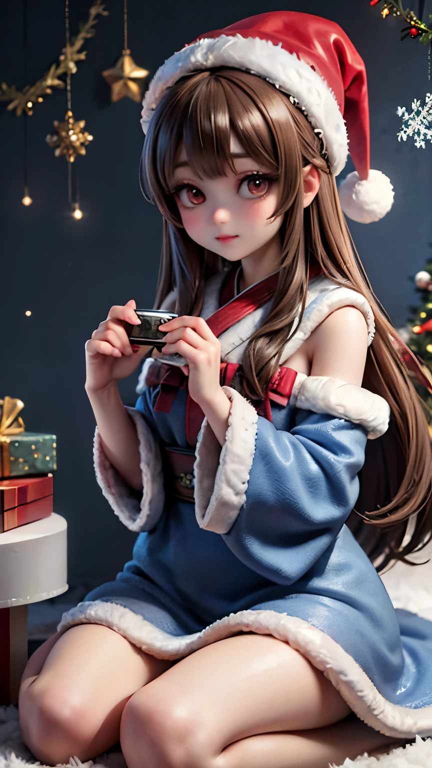 beautiful japanese influencer with light brown hair and slightly heavy makeup, sitting and wearing a Dusty blue Velour Santa dress and santa hat with fluffy fur accents, Cluttered pastel Christmas room, リアル、