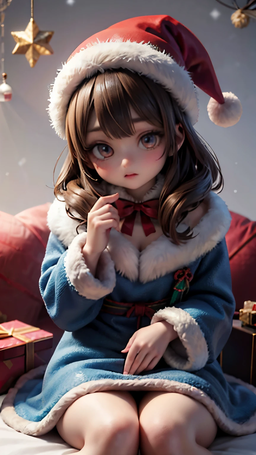 beautiful japanese influencer with light brown hair and slightly heavy makeup, sitting and wearing a Dusty blue Velour Santa dress and santa hat with fluffy fur accents, Cluttered pastel Christmas room, リアル、