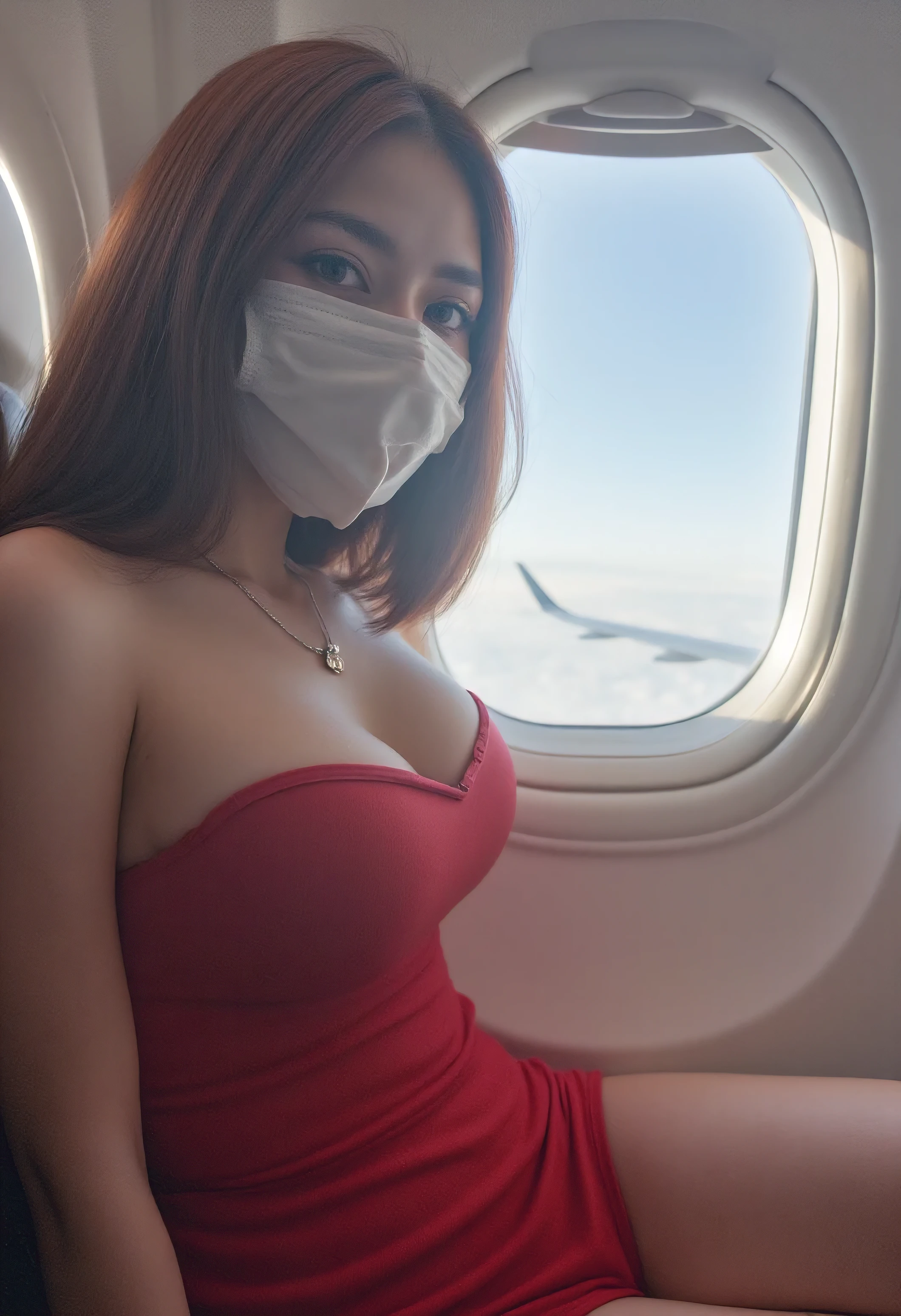 This photograph is taken inside an airplane seat. The Asian girl in the picture has a slender figure and is wearing a form-fitting, low-cut red dress that accentuates her curves and emphasizes her very full bust. Her hair is loose and straight, appearing smooth and shiny. She is wearing a white face mask that covers her mouth and nose, but her facial features are still discernible and appear to be well-defined. She is seated with her hands resting on her knees, looking relaxed and natural. Her expression is calm, and she is gazing out the window, seemingly enjoying the view of the clouds outside. Outside the window, you can see the airplane's wing and the passing clouds, along with the occasional glimpse of the horizon.