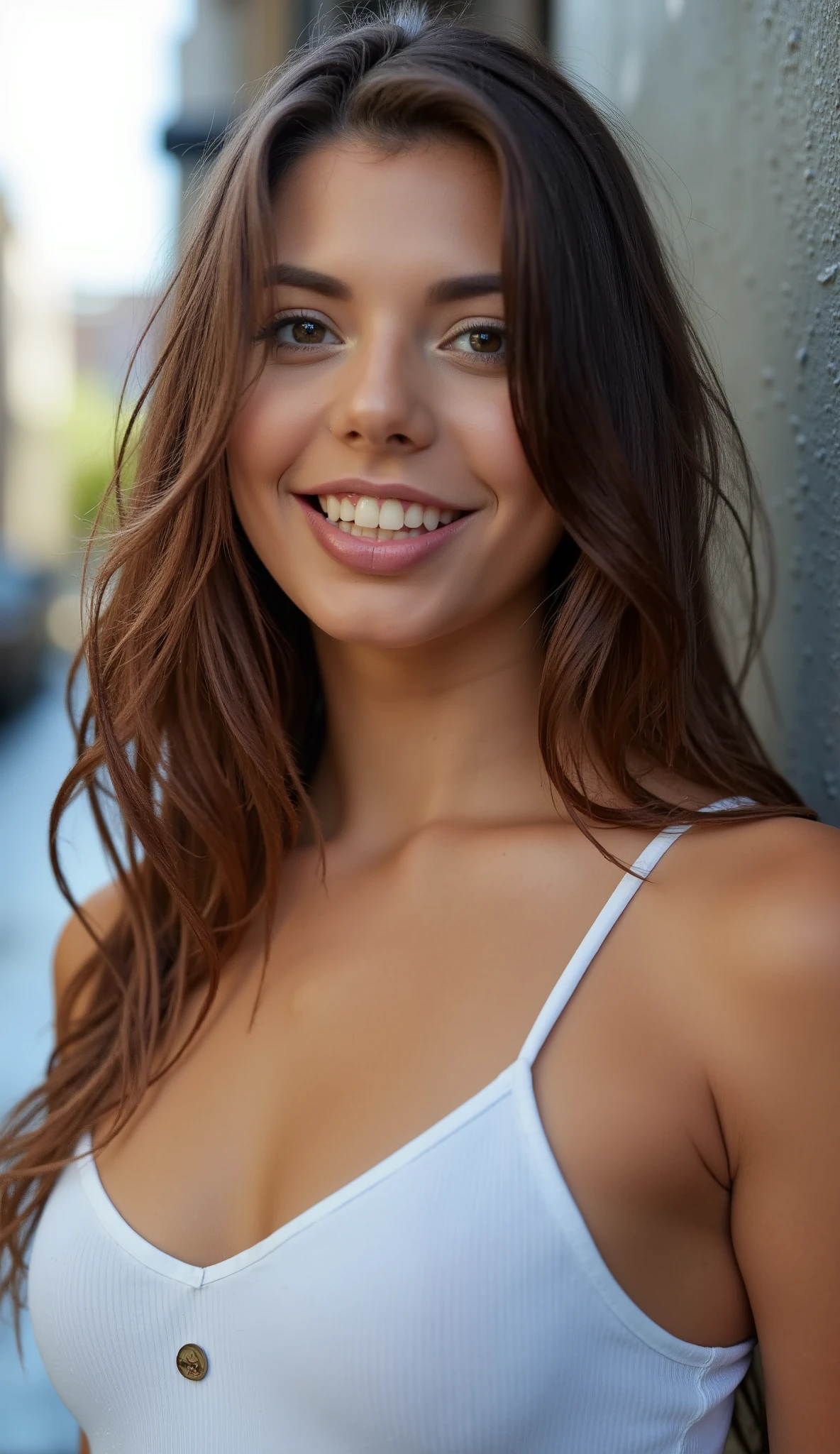 A close-up portrait of woman with vibrant brown hair, green eyes, captured in ultra-realistic 8K resolution using a Canon EOS R5 with a 50mm f/1.2 lens. Her face is sharply detailed, smiling, with smooth skin textures, defined facial features, and a piercing gaze that exudes confidence. The lighting is soft yet directional, emphasizing the vibrant tones of her hair, which fall naturally around her face, focusing on her expression and the fine details of her features, cleavage, Standing against a wall in the middle of the city, as the rain falls she finds herself all wet, she wears a wet white tank top, water drops on her skin, With denim pants