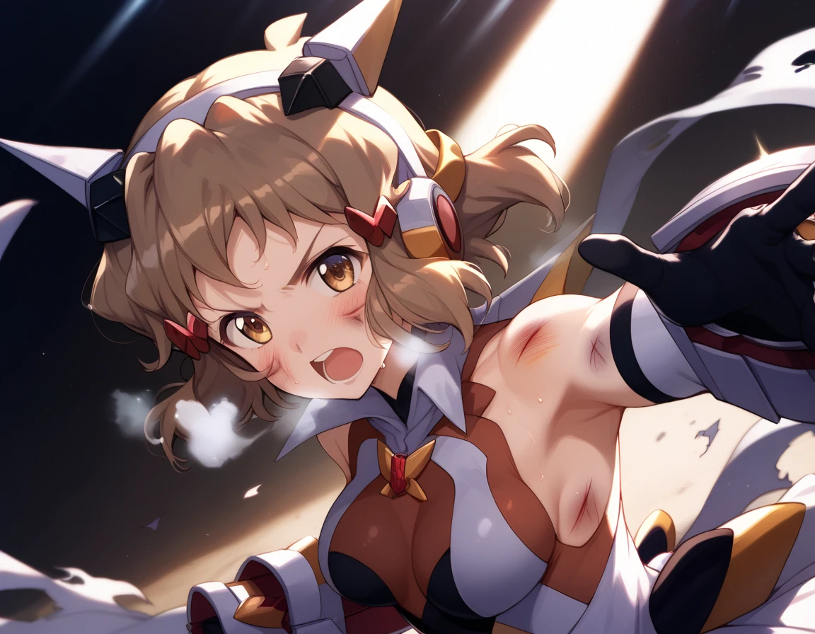  top quality ,  soft light during the cruise,  super high res,  cute, Beautiful face in every detail , high resolution details of human skin texture, shiny skin,sweat,Heat, white breath ,Take a deep breath,Hibiki Tachibana,Brown Hair,, battle costume,Outdoor Arena,sunlight, serious eyes,Ready, Symphogear ,armed gear , open mouth ,Fighting pose,bruised body, hair ornament, torn clothes ,Short Hair,,whole body