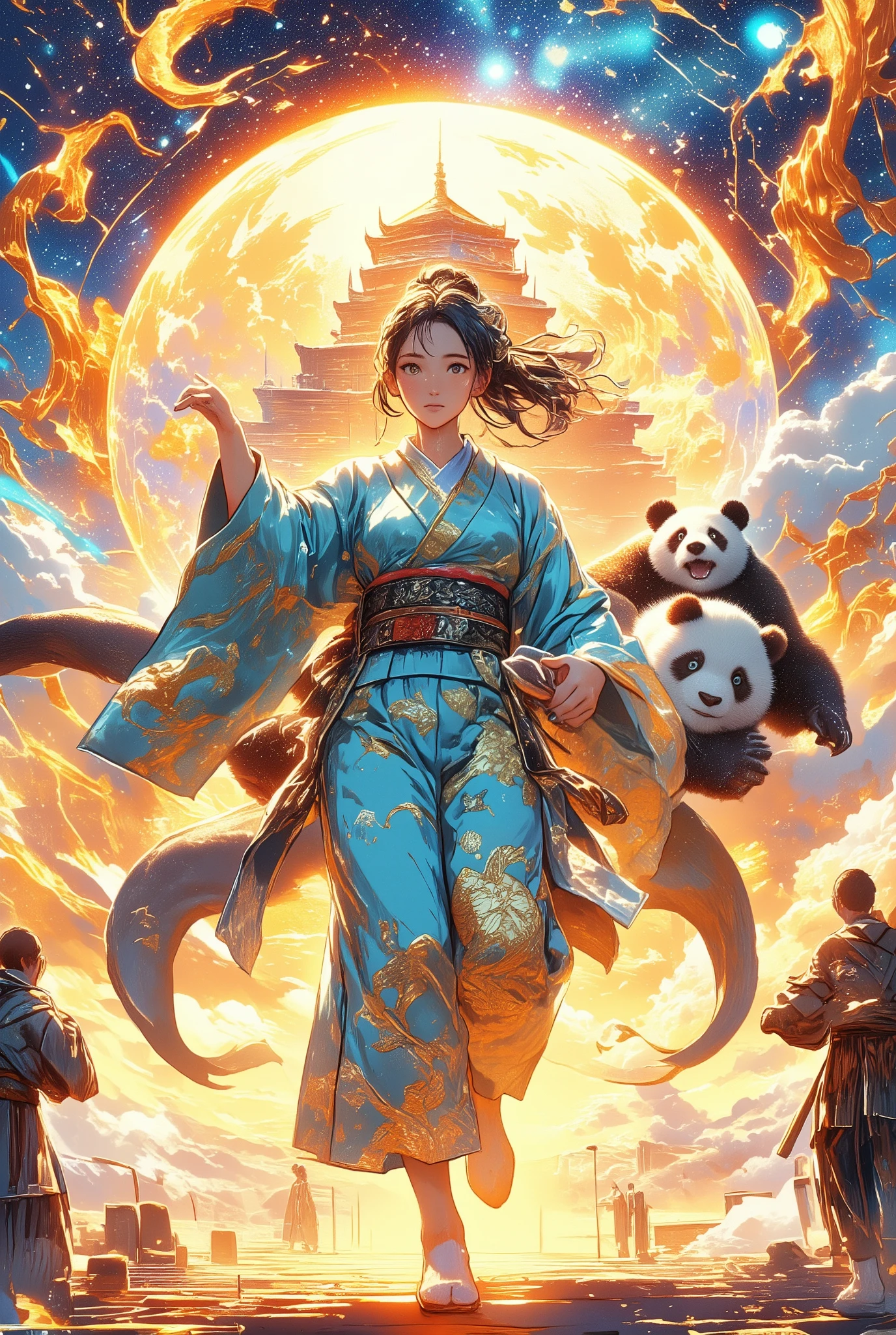 Nat King Cole's music in the background, Have a happy new year!, Poteto chips fly, New Year illustration, Kaleidoscope, Beautiful dance of female fighter, be varied, variety, Panda's bushy fur, Big Panda and high sky, Trandy female fighter and panda, Great episode!, Female fighter wear beautiful kimonos, gymnasium, A female fighter and a panda in a game of Hagoita, Beautiful knees of female fighter