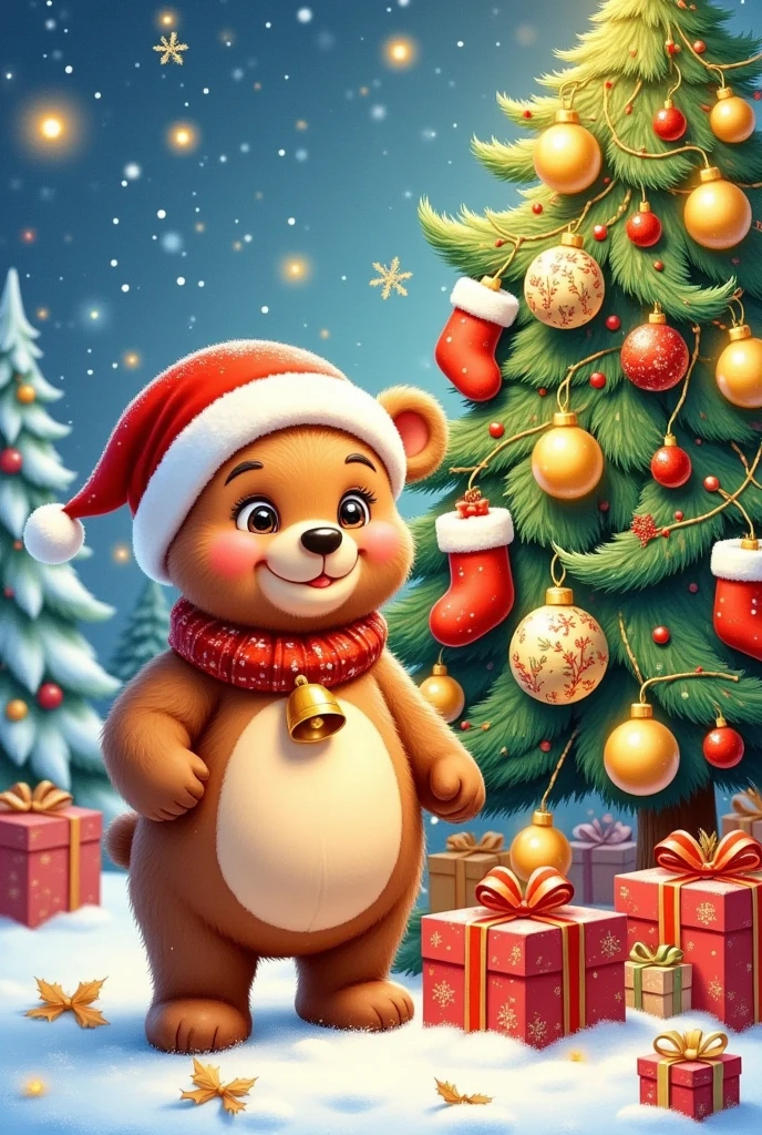 Adorable and cute little bear wearing a red Christmas hat, adorned with a golden bell necklace, standing next to a Christmas tree. Gifts are piled up, snowflakes are falling, light bulbs are hung on socks, warm yellow lighting, a snowy landscape background, ultra-high definition, Disney style, dreamy.