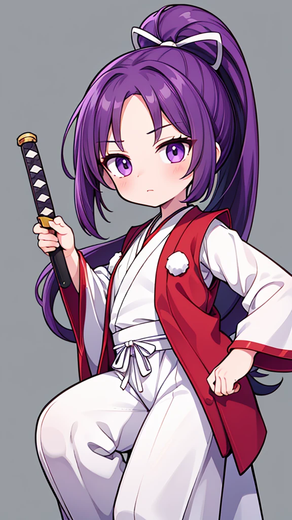 this is a picture of a girl dressed in a long gown with a sword, clean line drawings, ultra cute girl, ultra cute face, ultra detailed eyes, ultra detailed hair, ultra cute, ultra beautiful, ((high end)), (UHD picture), (best quality,4k,8k,highres,masterpiece:1.2), top-quality(​masterpiece), top-quality, ultra-detailed, highly detailed texture, intricate details, high quality textures, masterpiece, best quality, perfect quality, perfect anatomy, perfect body, perfect symmetrical face, perfect hands, perfect feet, (two arms:1.2), (two legs:1.2), (five fingers each:1.2), (perfect joint:1.2), perfect joint movement, precise fingers and hands, 1 beautiful girl, 1 girl, alone, solo, , , ((())), ((ish)), (Best Quality, hight resolution), extremely detailed and lifelike, Vibrant colors, simple background, very long hair, forehead visible bangs, hair flaps, purple hair, ponytail, well-formed face, purple eyes, japanese clothes, samurai, open vest, red vest, white kimono, long sleeves, wide sleeves, haori, long hakama, wide hemmed hakama, hakama pants, long trousers, sword, katana, holding katana, weapon