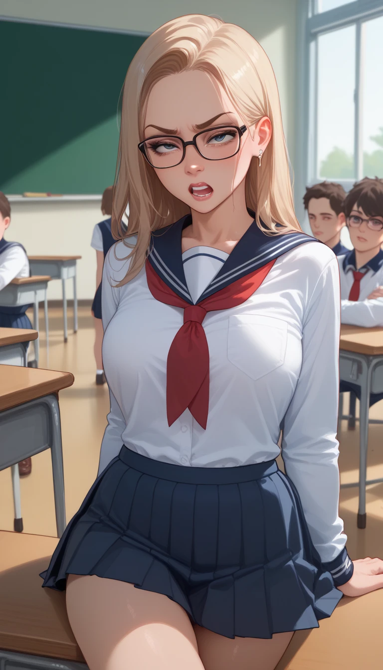 1 girl, school uniform, nerdy, glasses, bully, bullying, classroom, fucked by bully boy 