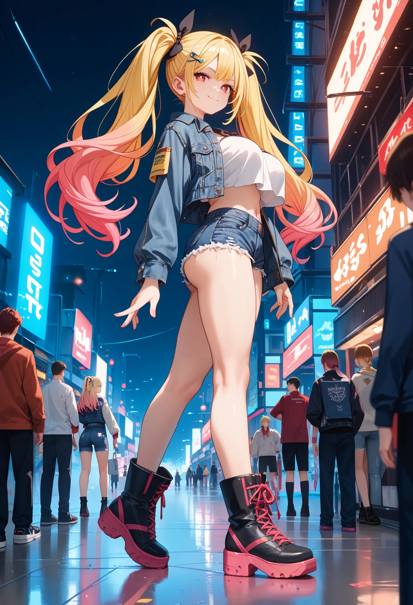 (masterpiece, best quality, higres, absurd quality, original, newest), full body portrait, slightly side view, slightly low angle, BREAK, (1girl, perfect body, perfect anatomy), ((gradient hair color+yellow hair:1.4+pink hair:1.2), long hair, twintail, ribbon, hair accessories), (light red eyes, perfect eyes), big breasts, blouse, denim jacket, (denim hotpants), long legs, black high boots, smug expression, smug pose, in the middle of city, crowd behind