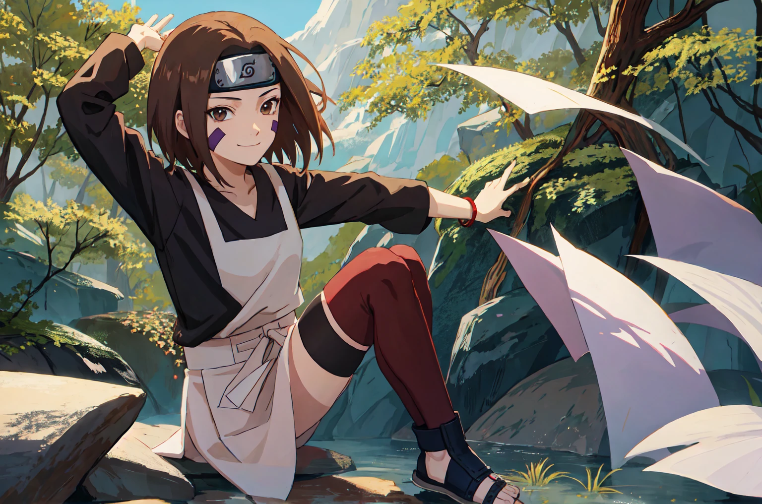 1girl, solo, brown hair, brown eyes, waist apron, short hair, forehead protector, smile, (black shirt:1.1), facial mark, full body, long sleeves, bracelet, konohagakure symbol, headband, sandals, bike shorts, bangs, thighhighs, bandages,anime coloring, full body, toeless footwear,black thighhighs,outdoors,forest,day,cloud,sitting, looking at viewer, closed mouth,