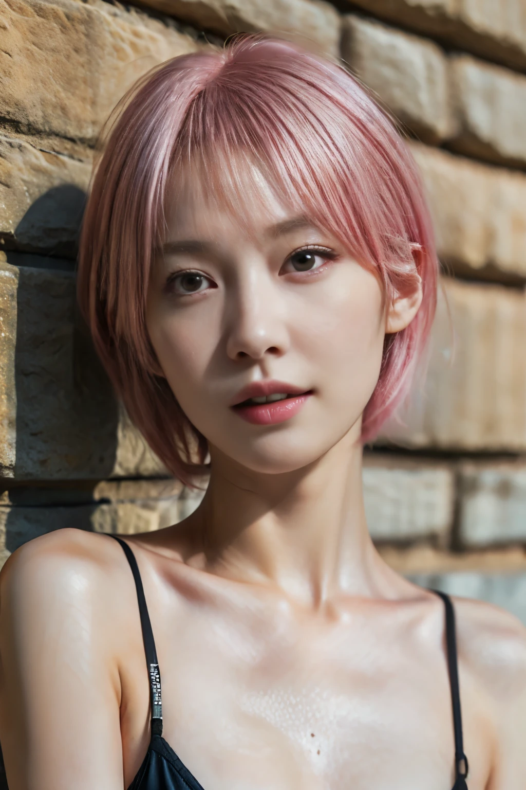 breast focus, Girl solo, age 28, slender body, small chest, short pink hair, Bewitching eyes, black Micro Bikini, real skin type, realistic facial skin, natural skin texture, (photorealistic:1.2), raw photo, (hyper realistic:1.1), top quality, best quality, super detail, 8K, highly detailed background