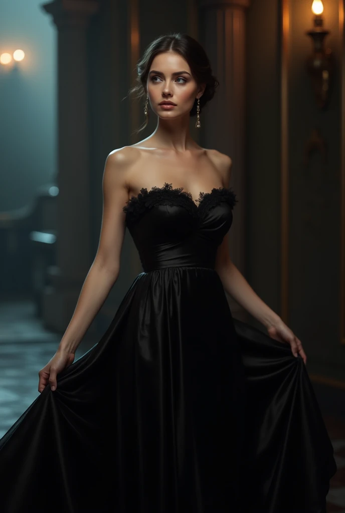 closeup shot, woman in a dress standing in front of a window, romanticism, in evening gown, flowing gown, wearing a flowing dress, mysterious woman, haunting beautiful young woman, wearing a black flowing dress, flowing dress, woman in dress, extremely moody red lighting,