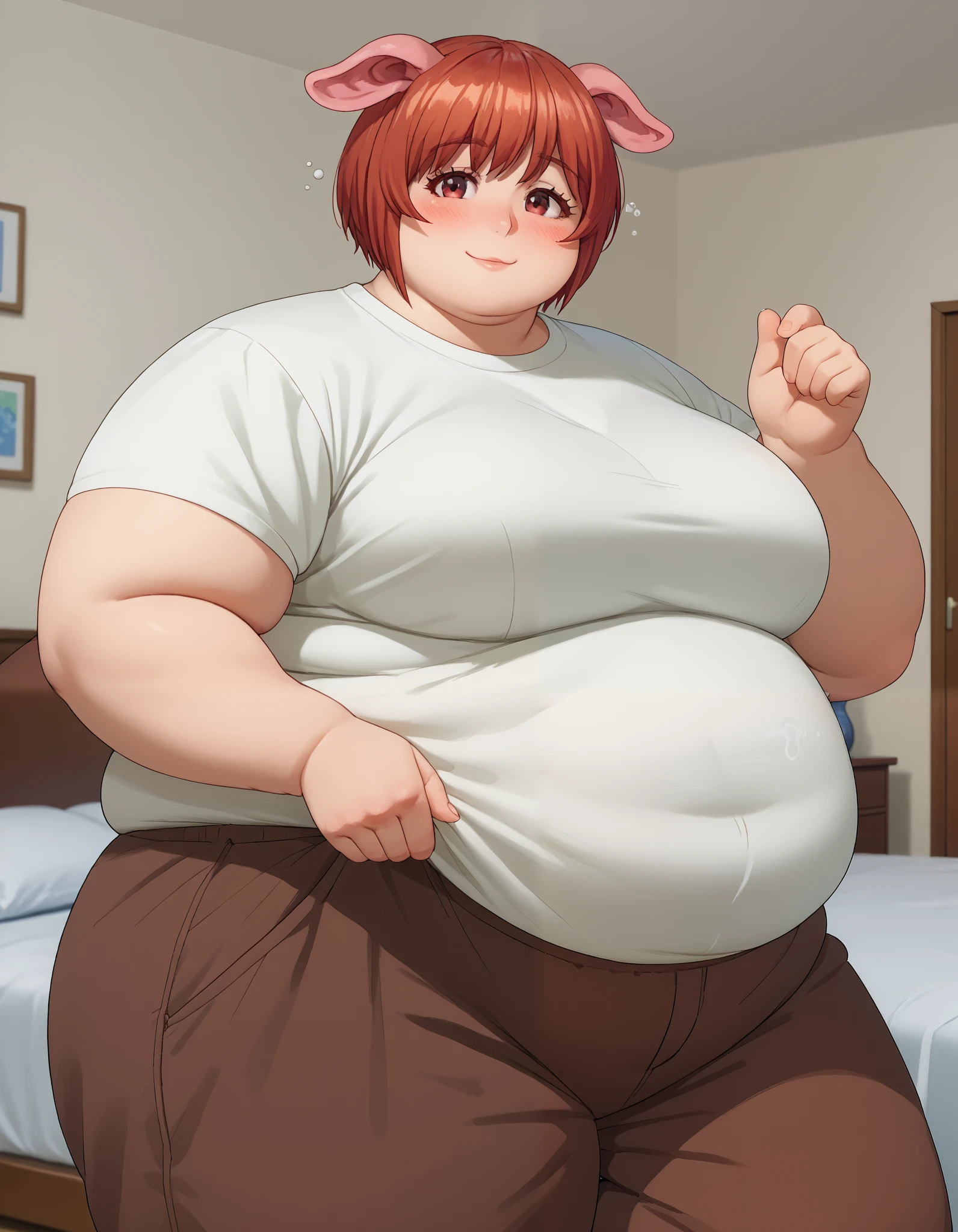 score_9, score_8_up, score_7_up, source_anime, oku, short hair, large breasts, animal ears, red eyes, red hair,, shirt, white shirt, short sleeves, pants, brown pants, indoors, bed, blush, drunk,, smile, looking at viewer, smile, fat, chubby, obese 
 