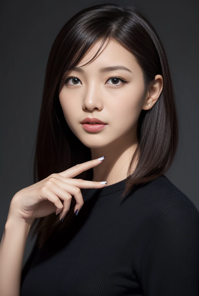 Skin Tight Black Top:1.2, Looking at Viewer, Cinematic lighting, Perfect, softlight, High resolution skin:1.2, Realistic skin texture, 30 years old mature korea woman、a small face、no-makeup、, off shoulders,Bust B Cup、 Exposed cleavage, Red Eyes, Short brown hair, dark brown hair、fullnude、Gray background、 big chest
