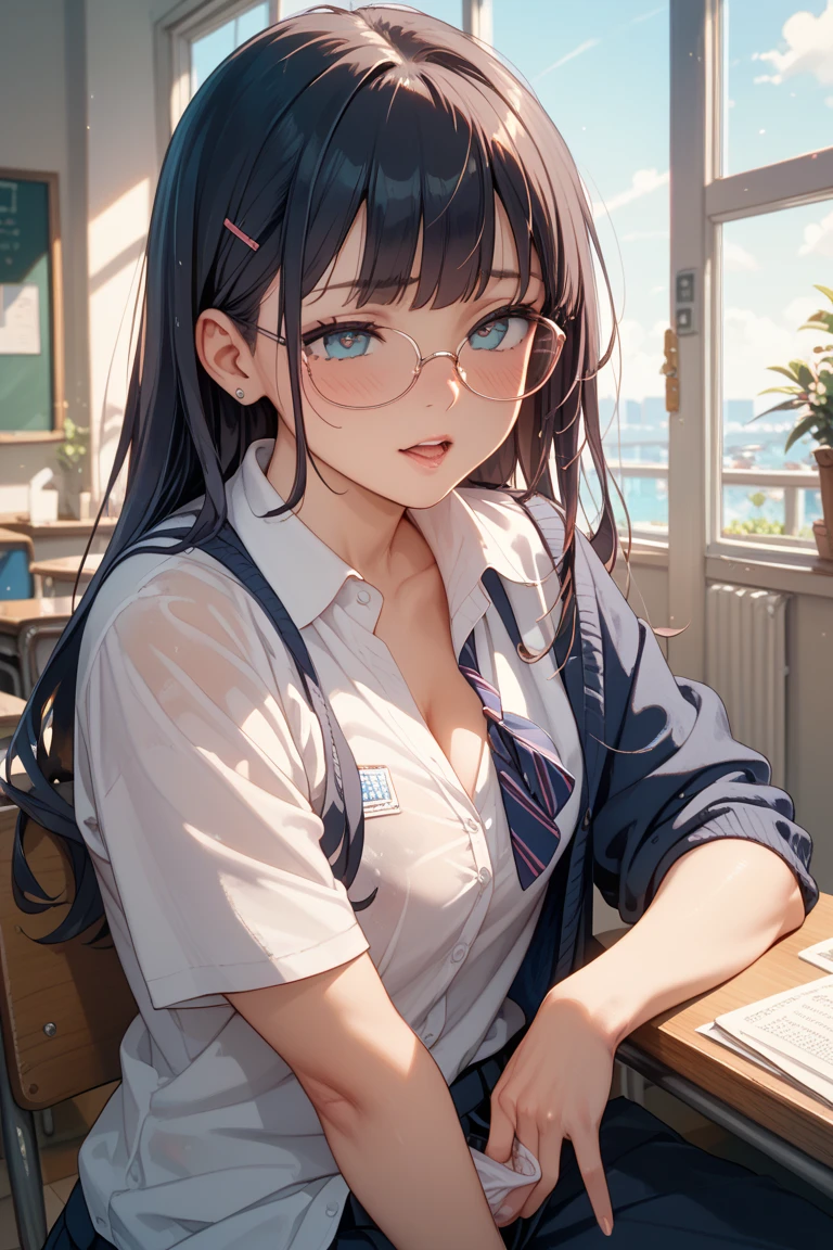 (First Person View:1.2)、masterpiece、Perfect hand drawing、beautifulボディライン、beautiful、 (Thick neck:1.4)、Thick body、(Broad shoulders:1.4)、(wide cleavage:1.2) (Makes your face smaller)、(Pointed Chest:1.6)、Model Body Type、(F cup breasts:1.2)、(Pure white lace bra:1.2)、15 years old、Sharp eyes、Big moist eyes、Impatience and embarrassment:1.2、((school uniform:1.2))、A low-cut shirt and a knee-length skirt、(Face Focus:1.4)、Disheveled long hair、Glasses、(On all fours, covering the viewer:1.2)、Very detailed, Detailed Background, Cinematic lighting,(Teeth are visible)