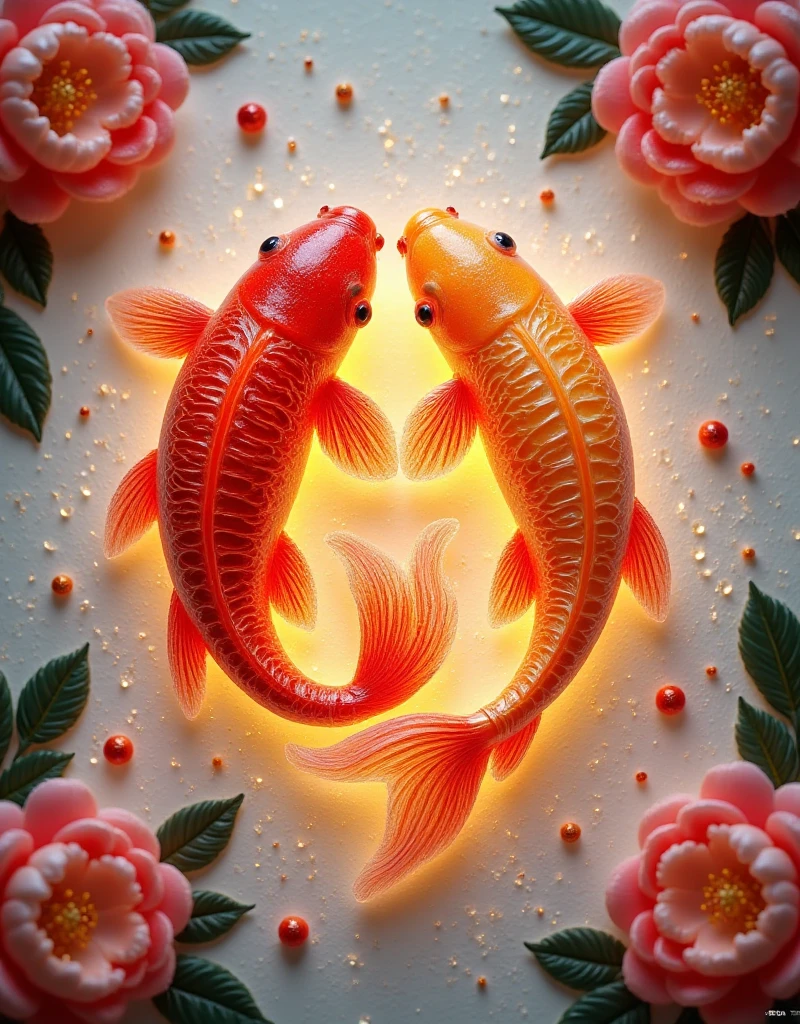 The two koi carp are red and gold respectively. The head and tail of the fish form a circle,shaped like a bagua diagram. The fish is very beautiful and emits beautiful light. The top view angle,the style of national style ink painting,surrounded by peony flowers,the whimsical composition style,the beautiful national style wallpaper,the beautiful lines and composition,the strong artistic feeling,the soft color matching,and the most high quality,