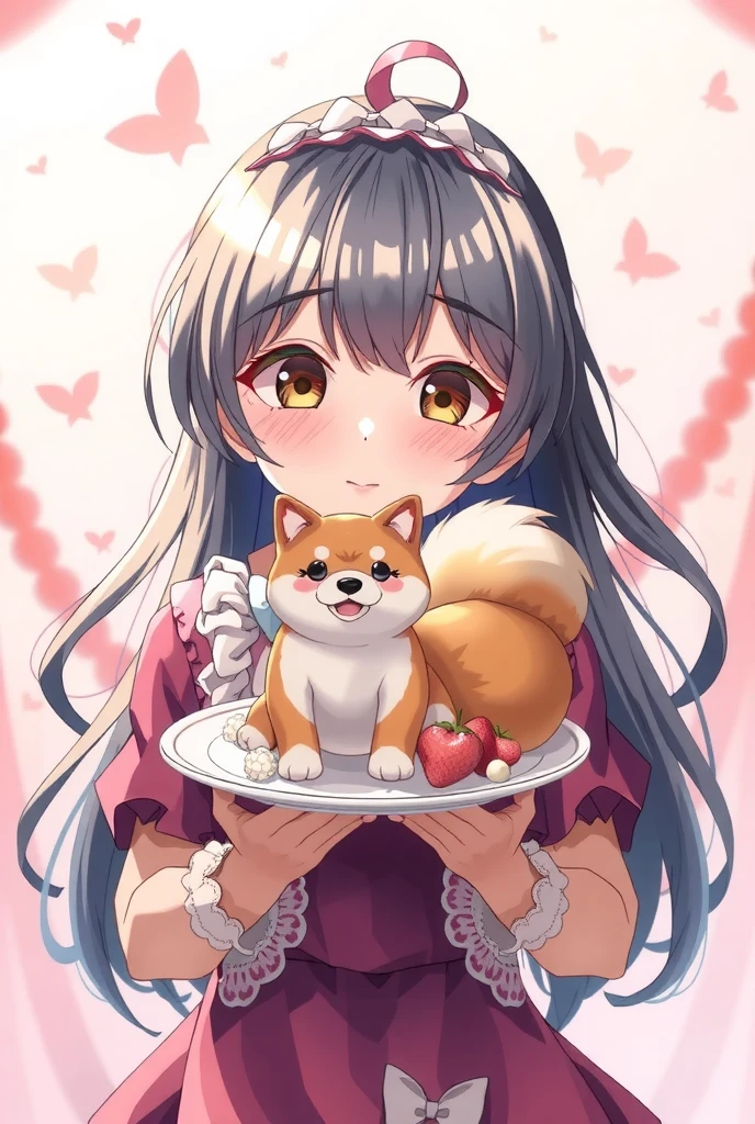 Anime girl holding a plate with a 3D Shiba Inu on it