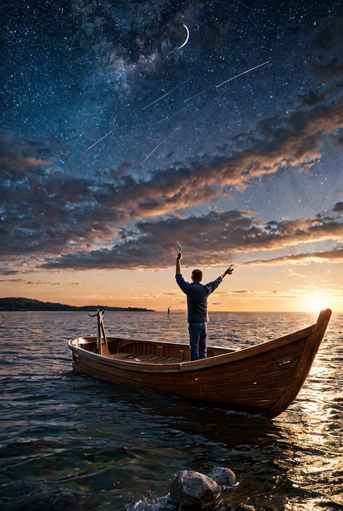 The name is in search of love ,  the image shows a person in a boat pointing to a star in the night sky but the boat is above water that is held by a stone hand