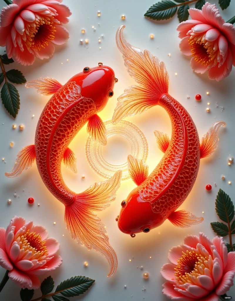 The two koi carp are red and gold respectively. The head and tail of the fish form a circle,shaped like a bagua diagram. The fish is very beautiful and emits beautiful light. The top view angle,the style of national style ink painting,surrounded by peony flowers,the whimsical composition style,the beautiful national style wallpaper,the beautiful lines and composition,the strong artistic feeling,the soft color matching,and the most high quality,