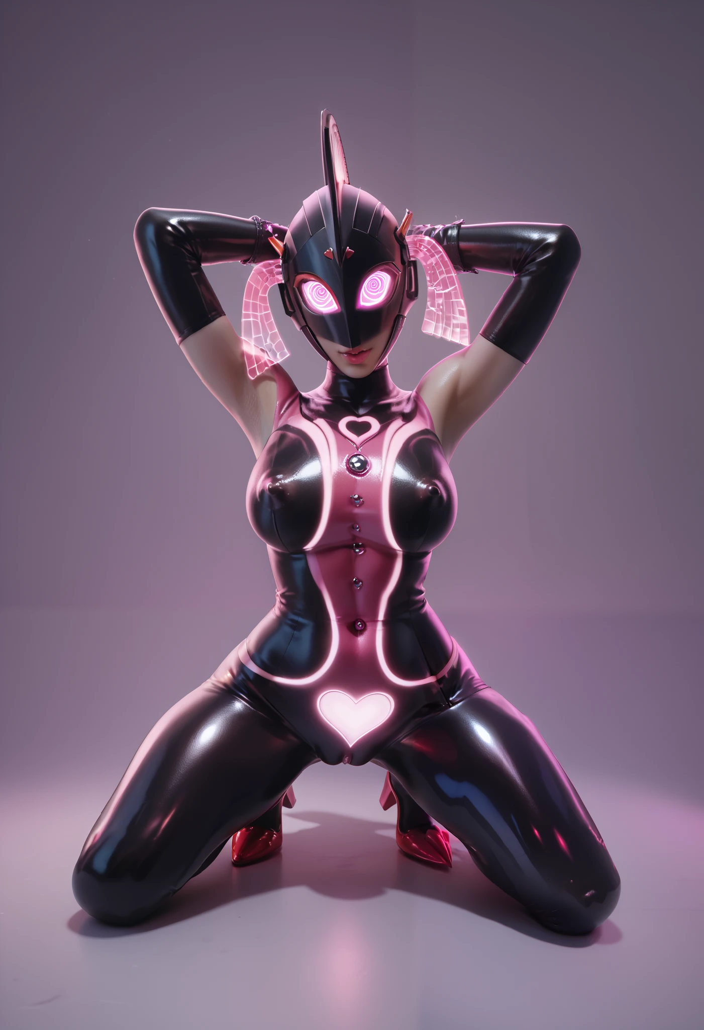 Ultra's dark mother . （ High Quality ）（Gloss）（( black face and red eyeliner )）Black and purple color theme. Black Helmet. Looking up. full face helmet . Pink Line. Purple glowing machine eyes.  Breasts perky. Erect nipples. whole body covered in a black bodysuit. thick legs. Spike decoration. Pink Line all over the body.  heart tattoo. Spread legs. raise arms up. purple eyes. Pink glowing crystal. Pink sharp claws. night background.