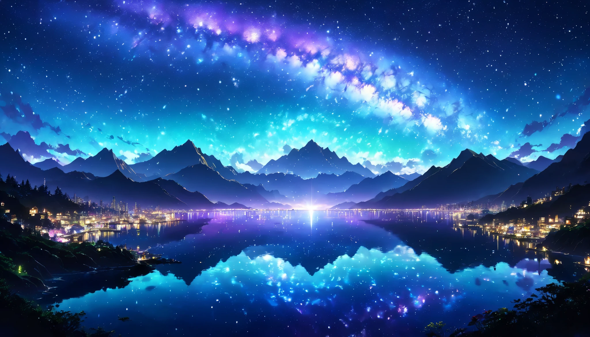 Night Sky, star空,  Milky Way, star, star屑,  Milky Way, star雲, star団, 流star, Celestial Bodies観測,  horizon ,  silhouette, Mountain,  ocean , lake, City lights,  gradients , Azure, Ultramarine, green,  Purple , black,  darkness, mystery, grow up, universe, Earth, Celestial Bodies, light, Shine,  vibe, Depth, Spread the word, silence, Awe, hope, Romance,  timelapse, Celestial Bodies写真,beautiful anime scenery,  landscape painting, Beautiful digital painting , Andreas Rocha,  beautiful artistic illustration ,  Amazing Wallpapers ,  Raymond Han ,  distorted shape , スタジオグリブリー 新 ocean 誠, Beautiful Wallpapers, anime scenery, The brilliance of the auroras ,lake面にstar空が映る,star空を見上げる小さな少女の silhouette,