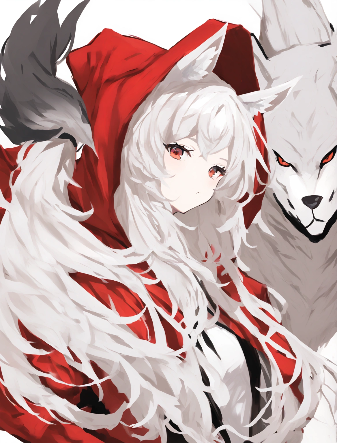 Long white hair, red hat, red eyes, big chest, wearing a red hood, has white wolf ears and a white wolf tail. 