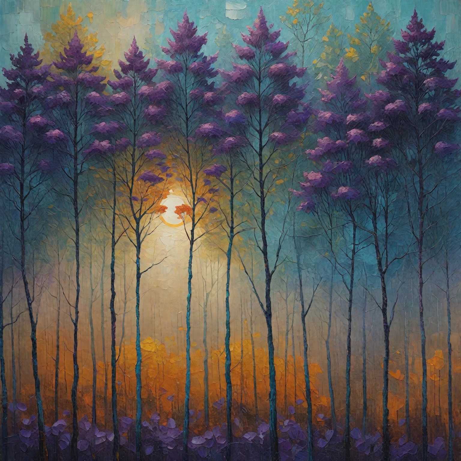 Best quality, high resolution, best composition, intricate oil painting, impasto oil painting, abstract art, high quality oil painting, palette knife painting, cubist tree painting, abstract oil painting, acrylic painting, expressive rustic oil painting, brushstroke oil painting, twilight forest, grove of thin-trunked trees with vibrant blue and purple leaves, dense undergrowth, faint sun peeking through the trees, high resolution digital art, high quality desktop wallpaper.