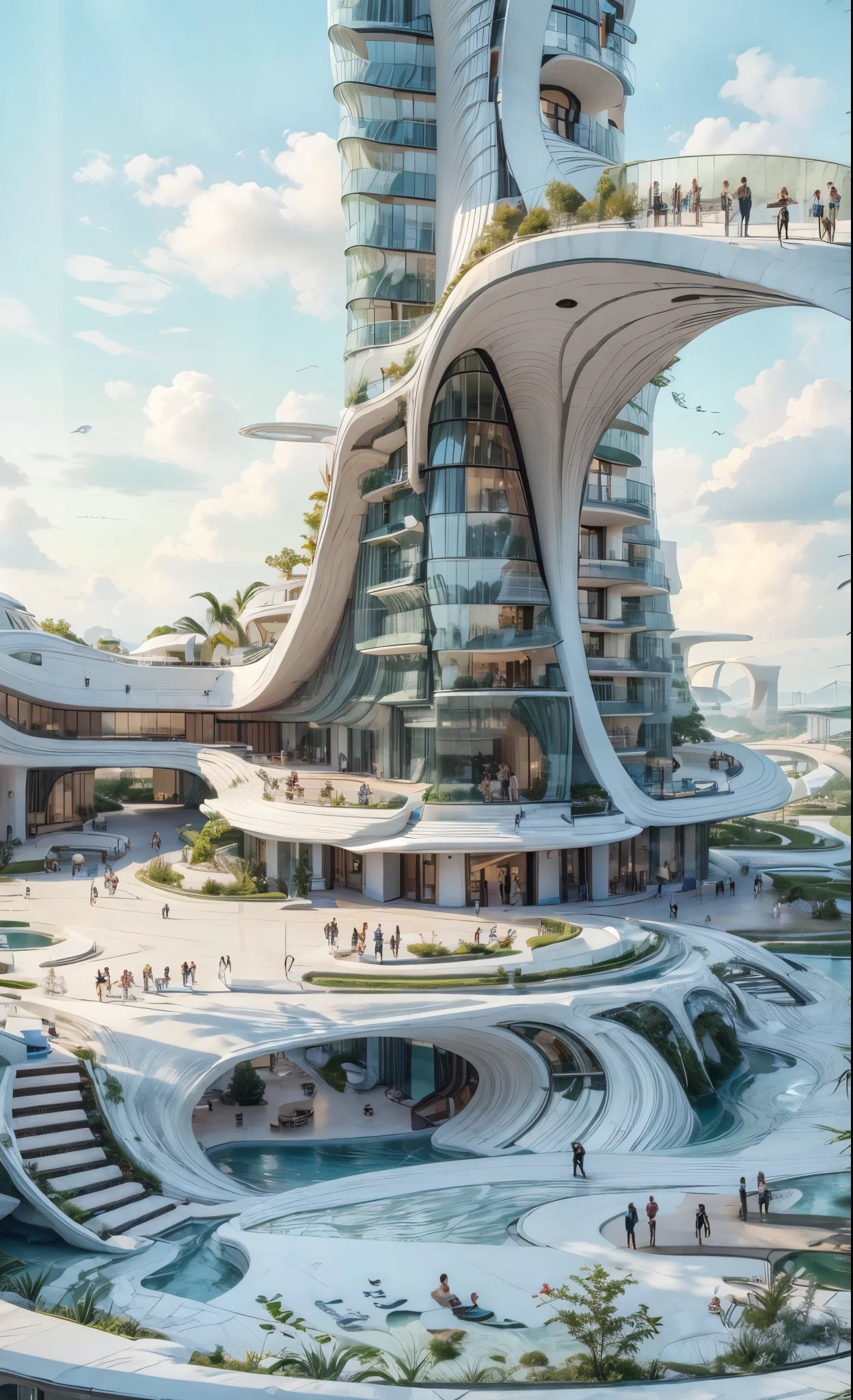 Complex building on hill side , design by zaha hadid.   City at the background , balconies, openings walkways ,people , roads, cars. Blue sky,  small white cloud 