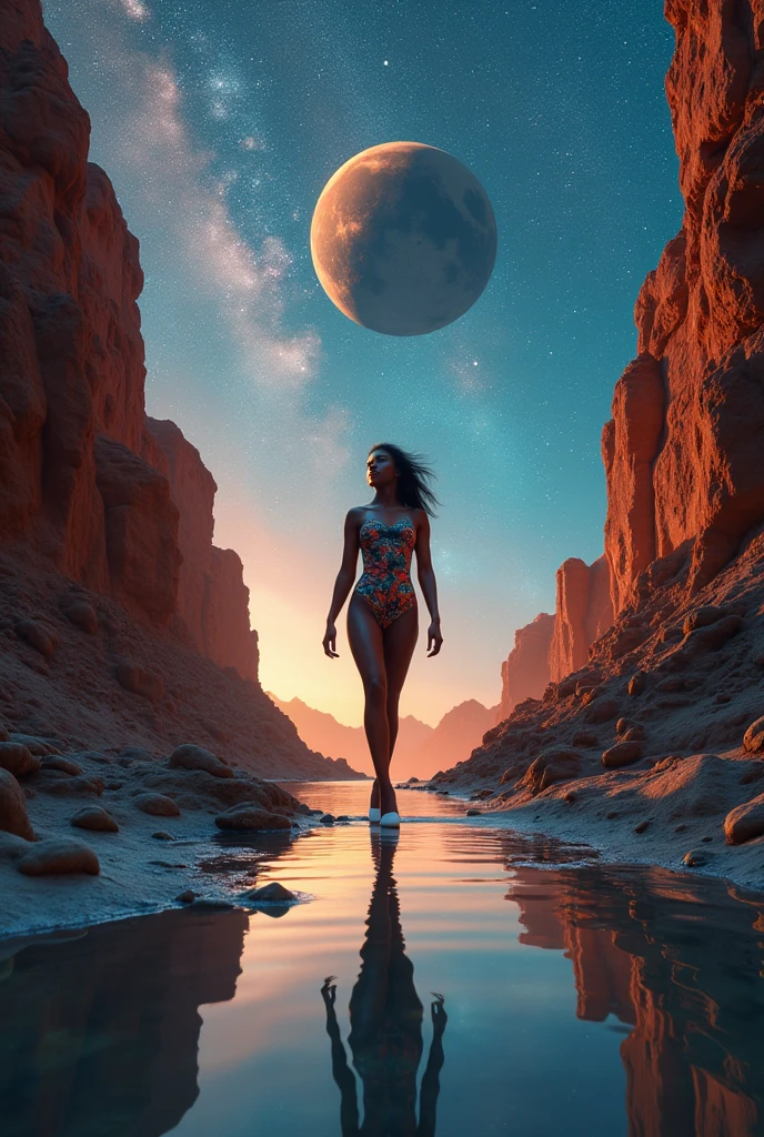 (A beautiful woman stands on the surface of Jupiter, the warm, otherworldly glow of a nearby sun warming the scene. The intense heat makes her sweat, her hair slightly tousled by the temperature. A futuristic spacecraft descends near her, casting shadows on the planet’s rocky, gas-filled terrain. The surrounding atmosphere is thick with clouds and swirling gases, and the colors of Jupiter’s enormous red spot are visible in the distance, creating a dramatic backdrop., Paisagem marinha dramática, iluminação dramática, tons de cores frias, atmosfera temperamental, cinematic, (melhor qualidade,4K,8K,alta resolução,obra de arte:1.2),Ultra-detalhado,(realista,photorealista,photo-realista:1.37),iluminação dramática,composição cinematográfica,paleta de cores dramática,Escala épica,ondas poderosas,águas turbulentas,Céu sombrio,nuvens ameaçadoras)