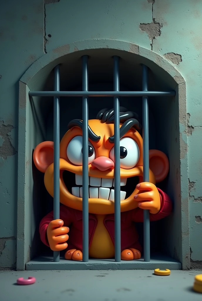 Create a 3D-style election flyer featuring an animated, fictional character representing a disgraced politician who is a known thief and has been imprisoned. The character should be a stylized, non-realistic figure dressed in an orange prison jumpsuit, with a disheveled appearance and an angry or desperate expression. The character should be depicted behind bars, gripping the metal bars of the prison cell, emphasizing their confinement. The design should make a clear reference to a "Ficha Suja" (dirty record) politician, with elements like handcuffs, a prison number tag, or a criminal record file subtly incorporated into the scene. The background should be dark and grim, with the cold, harsh environment of a prison, reinforcing the sense of punishment and downfall. The overall style should be modern, impactful, and visually striking.
Size: 1024x1792 (vertical format)