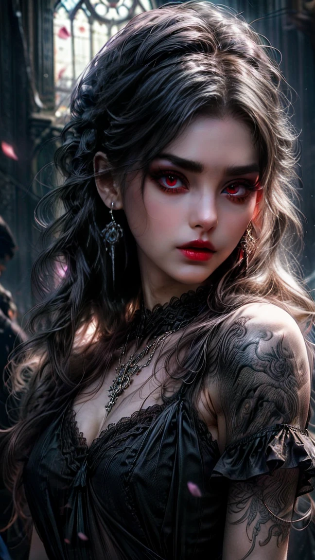 A highly detailed, cinematic, photorealistic portrait of a beautiful gothic woman with short, flowing, wavy hair in vibrant hues of magenta and purple, softly illuminated by dynamic pink and blue lighting. Her pale porcelain skin contrasts with her dark, intricate gothic attire featuring black lace and delicate floral patterns. Red roses and green vines with subtle dewdrops adorn her neckline and shoulders, blending seamlessly with her outfit. She has an elegant, devious expression, her head tilted slightly back with her lips slightly parted, exuding an air of mystery and allure. Her eyes are framed by dramatic, smoky makeup and a faintly visible tattoo near her temple. She wears intricate jewelry, including dangling earrings, several ornate rings, and an ankh pendant at her chest. The background is atmospheric and surreal, with faint stained glass patterns and glowing light creating an ethereal ambiance. Rose petals float gently in the air, completing the darkly romantic and enchanting scene.