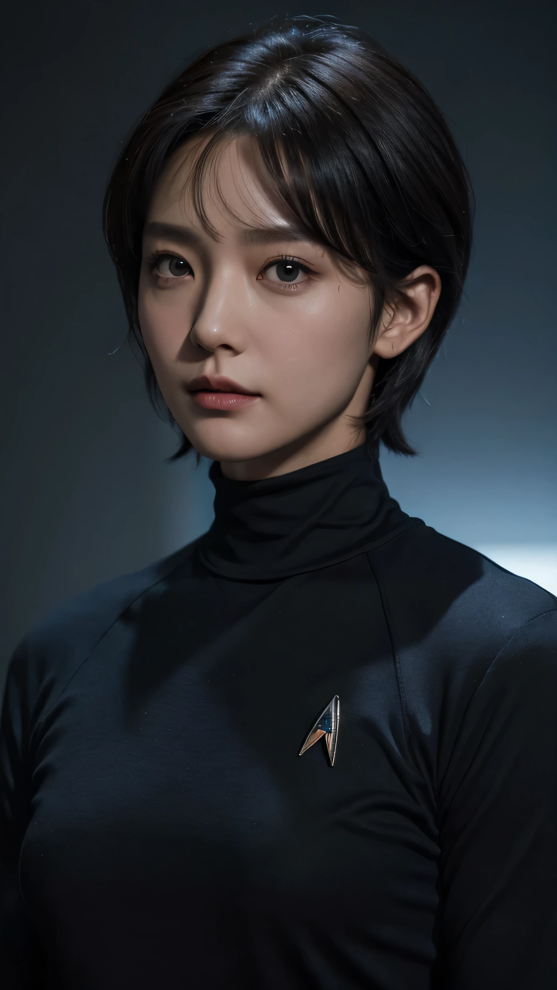 Closeup of a short-haired man in a suit 。 wearing a blue shirt and a black turtleneck t-shirt。, Eve Ryder, Star Trek,  Character Portrait , Double Al Set,   Details,  Award-winning ,  super real 