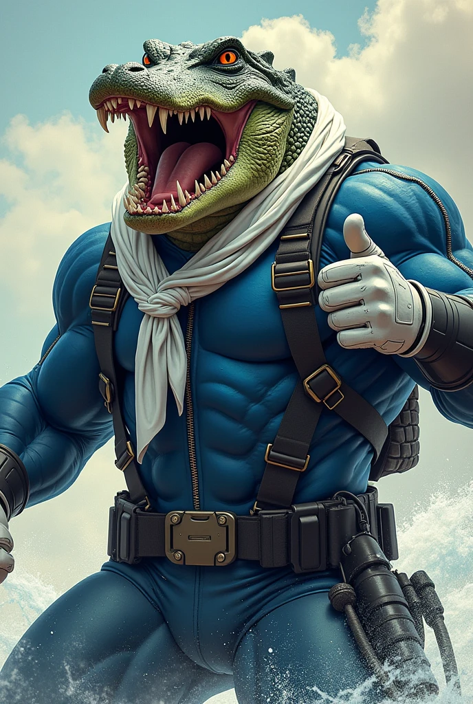 (A rugged beefy very muscular bulky roaring crocodile man), (wearing blue zipper wetsuit), thumbs up pose, wearing harness, wearing bulky scuba gear, wearing white hero scarf, muscular physique, toned muscles, fierce, heroic, action, comic artstyle, bulky best quality, wearing white combat gloves. wearing gun holster on left thighs, dynamic action pose, fierce expression, showcasing an imposing stature, powerful, best quality image, action-packed atmosphere, masterpiece.