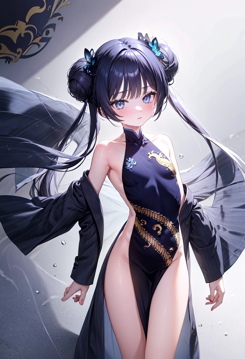 absurdres, RAW photo, extremely delicate and beautiful, masterpiece, Best Quality, ultra high resolution, 32k, hyperrealistic, ultra-detailed, perfect figure, in her 20s, very small head, very small face, delicate facial features, tearful mole, earring, huge breasts, full body shot, medium hair, black hair, cheongsam, sleeveless, deep slit,