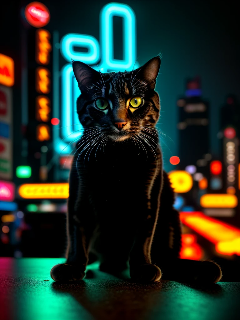 A close-up picture of a cat with Coca-Cola and pizza in the futuristic cyberpunk neon tron world, cyberpunk city landscape, detailed intricate architecture, glowing neon lights, studio lighting, moody atmosphere, cinematic composition, vivid colors, 8k, photorealistic, masterpiece, hyper detailed, intricate details
