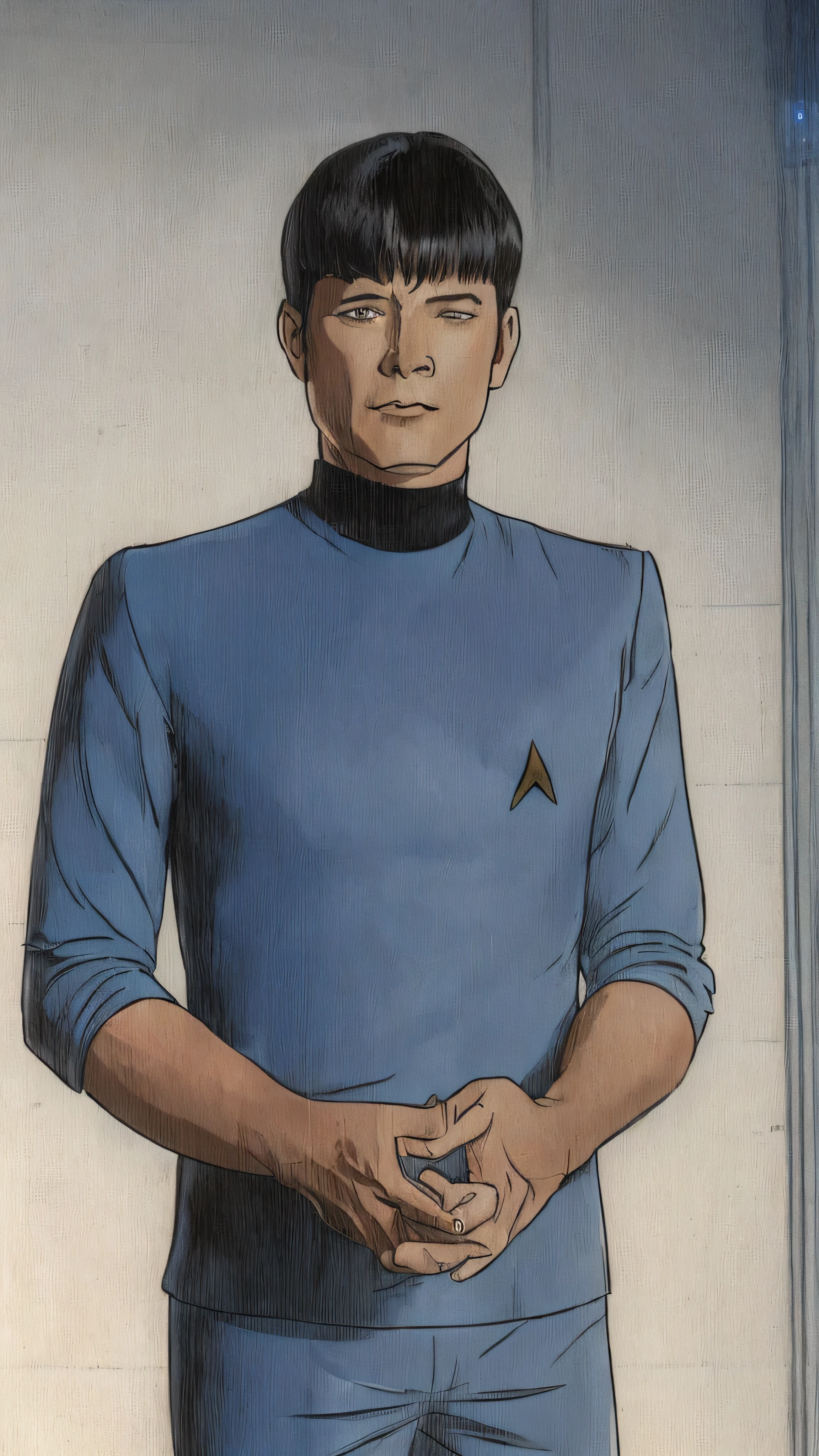 Closeup of a short-haired man in a suit 。 wearing a blue shirt and a black turtleneck t-shirt。, Eve Ryder, Star Trek,  Character Portrait , Double Al Set,   Details,  Award-winning ,  super real 