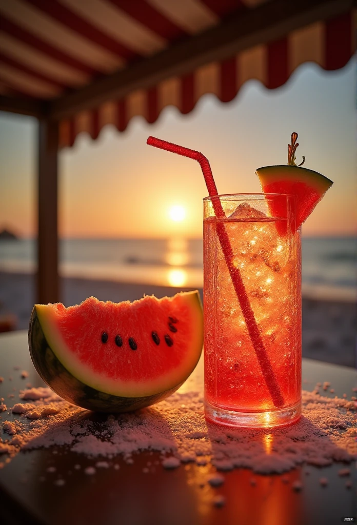 zwhfp717,Cut watermelon,next to the drink,the background is the beach,sunset,awning,