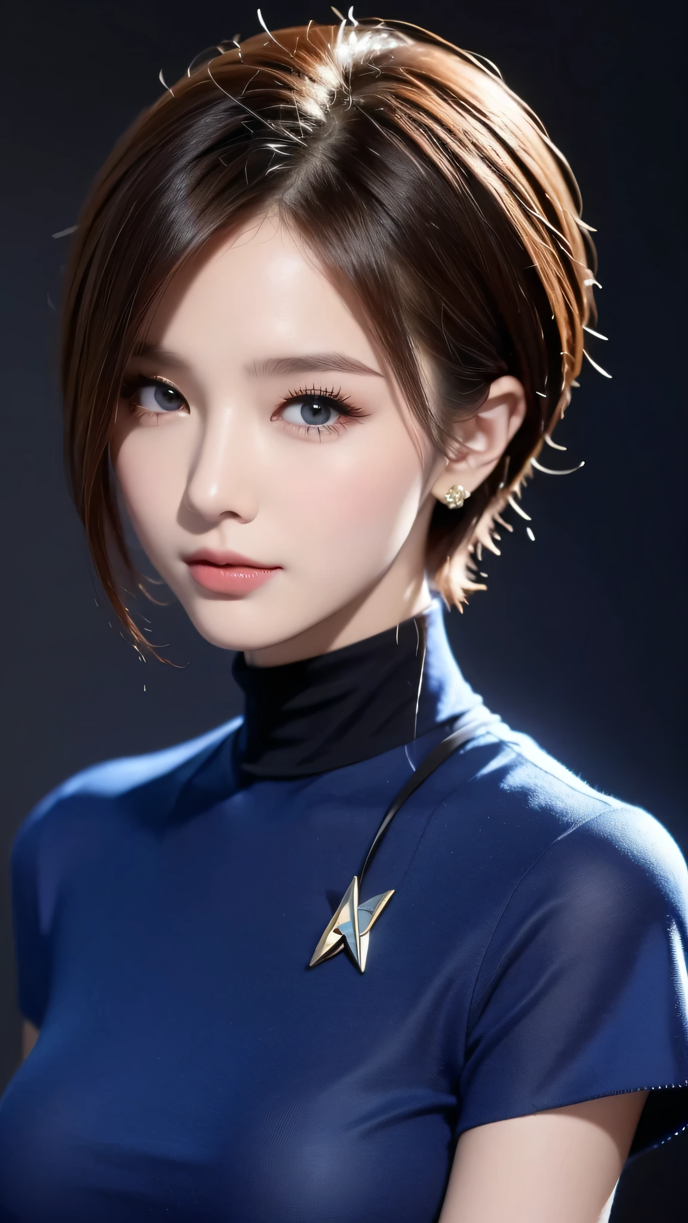  in high-definition images，Closeup of a beautiful woman with short hair in a suit 。 wearing a blue shirt and a black turtleneck t-shirt。,  Nicole man, Star Trek,  Character Portrait , Double Al Set,   Details,  Award-winning ,  super real 