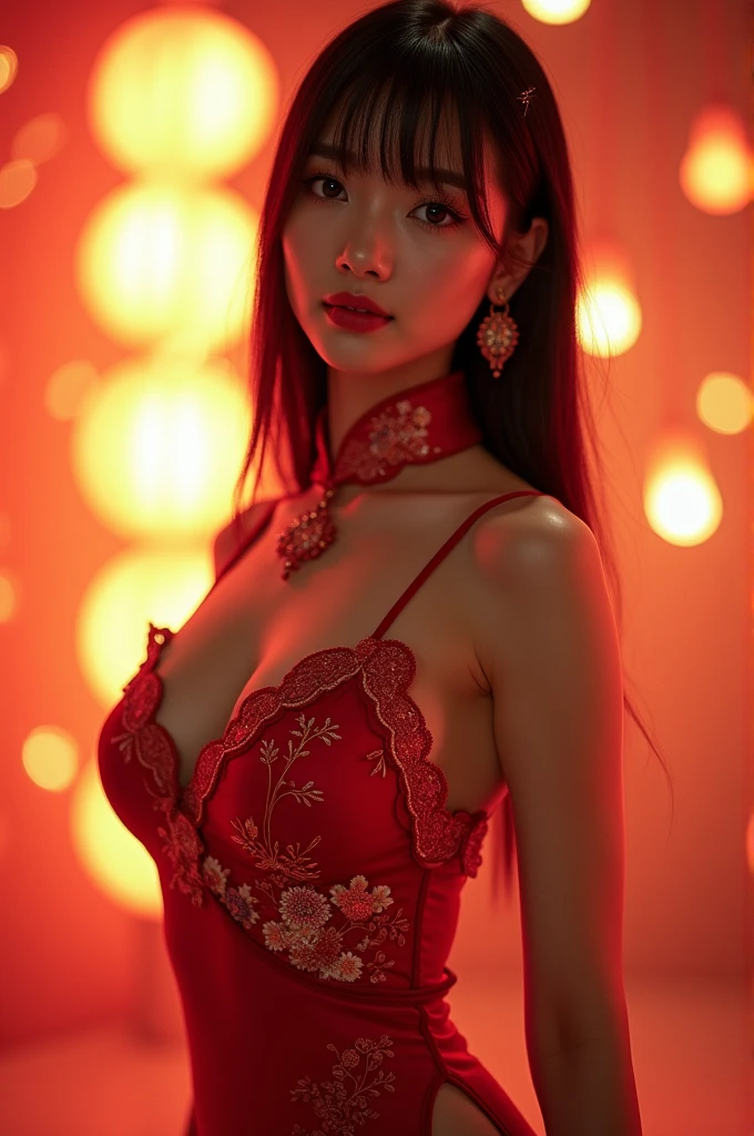 1 girl, hair ornament, solo, flower, flower in hair, candle, earrings, jewelry, black hair, black eyes, blur, lips, red lips, looking at camera, tassel, depth of field, makeup, realistic, floral pattern, upper body , legs spread during M, naked body, pussy exposed, nipples, off-shoulder, whole body, night, candlelight